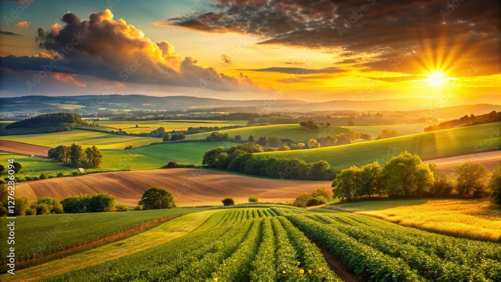Fototapeta premium Lush Green Agricultural Fields at Sunset - Bokeh Effect Stock Photo