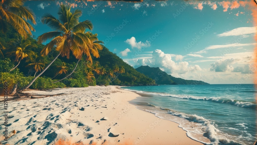 Obraz premium Tropical beach landscape with golden sand, vibrant palm trees, and serene ocean waves under a blue sky creating a picturesque getaway scene.