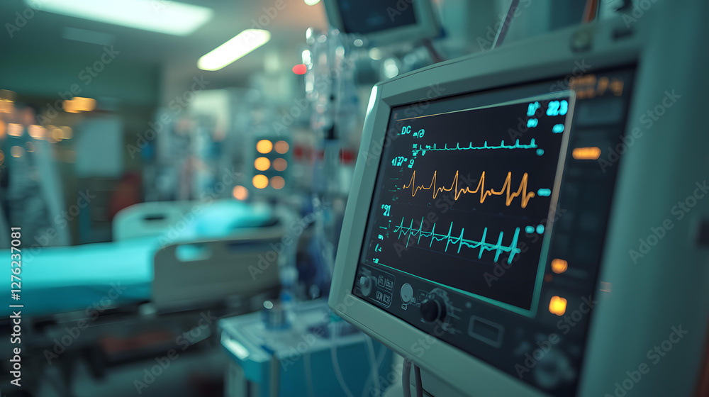 Hospital Room with Medical Monitoring Equipment Showing Heart Rate and Vital Signs Hospital Room with Medical Monitoring Equipment Showing Heart Rate and Vital Signs
