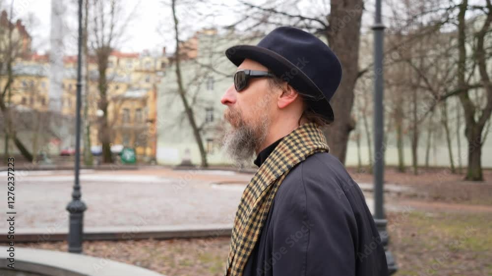 Side view of bearded middle aged man in black clothes, sunglasses and hat walking on city street with european style buildings in background Side view of bearded middle aged man in black clothes, sunglasses and hat walking on city street with european style buildings in background