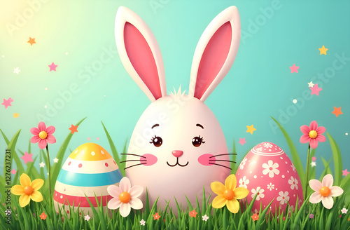 Happy Easter, watercolor drawing featuring a cute Easter bunny, eggs and spring flowers. Illustration in spring pastel colors.