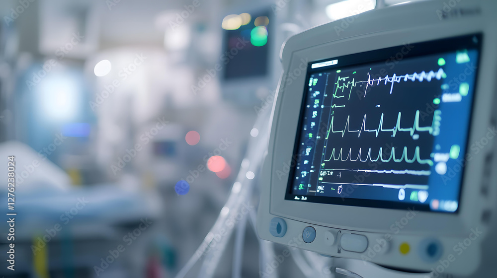 Fototapeta premium Hospital Intensive Care Unit Medical Equipment Displaying Vital Signs Patient Monitoring Technology