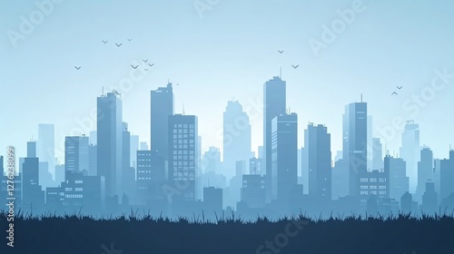 Fototapeta Naklejka Na Ścianę i Meble -  Professional Urban Pixel Art Game Background with City Silhouette