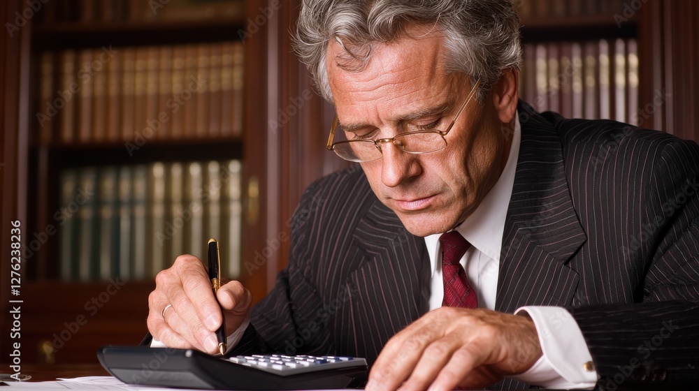 Close up of a mature man in a pinstripe suit, meticulously working with a calculator and pen at a desk in a richly appointed library setting. He appears focused and serious. Close up of a mature man in a pinstripe suit, meticulously working with a calculator and pen at a desk in a richly appointed library setting. He appears focused and serious.