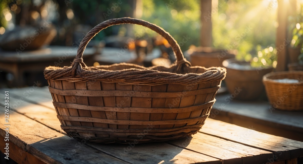 Rustic Brown Basket on Wooden Table Surrounded by Summer Light and Nature Rustic Brown Basket on Wooden Table Surrounded by Summer Light and Nature