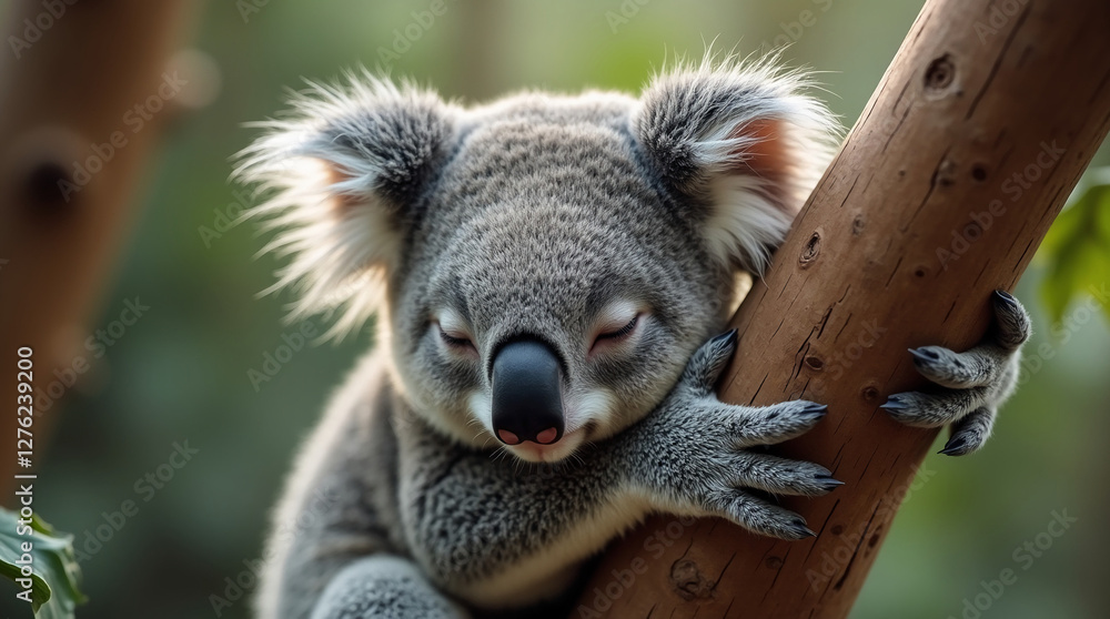 Fototapeta premium Sleepy Koala Clinging to a Tree Branch