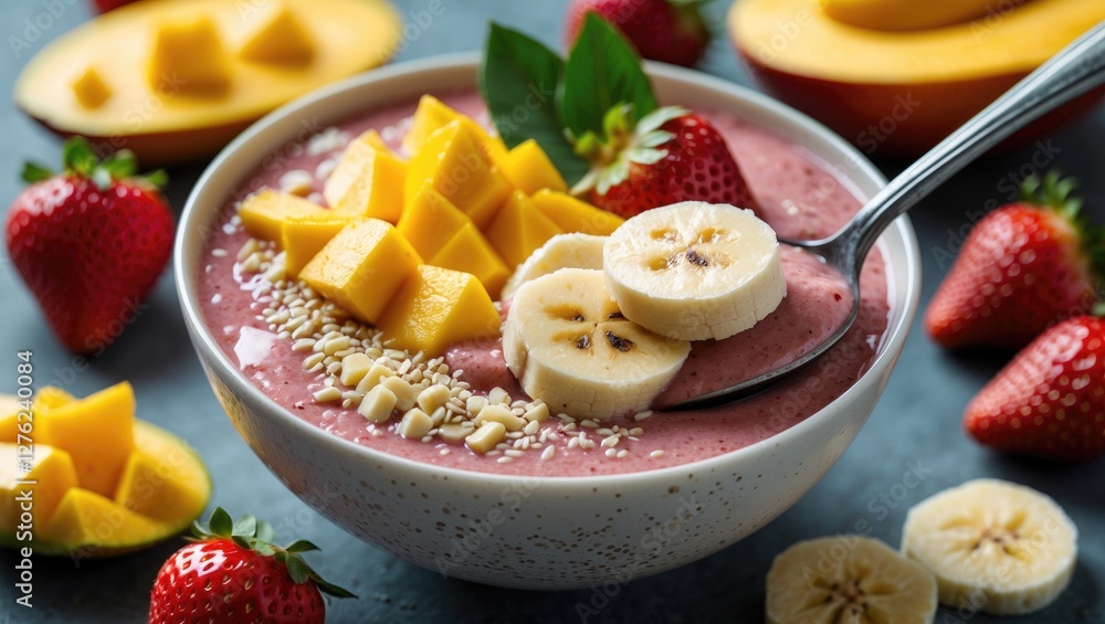 Tropical Smoothie Bowl with Fresh Mango, Banana, Strawberry and Toppings with Spoon Close Up on Blue Surface Tropical Smoothie Bowl with Fresh Mango, Banana, Strawberry and Toppings with Spoon Close Up on Blue Surface