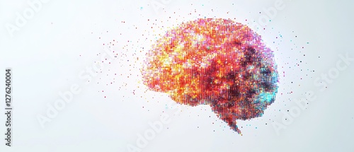 Abstract digital brain made of pixelated shapes, pastel colors and white background and distortion of shapes symbolizing brain disease