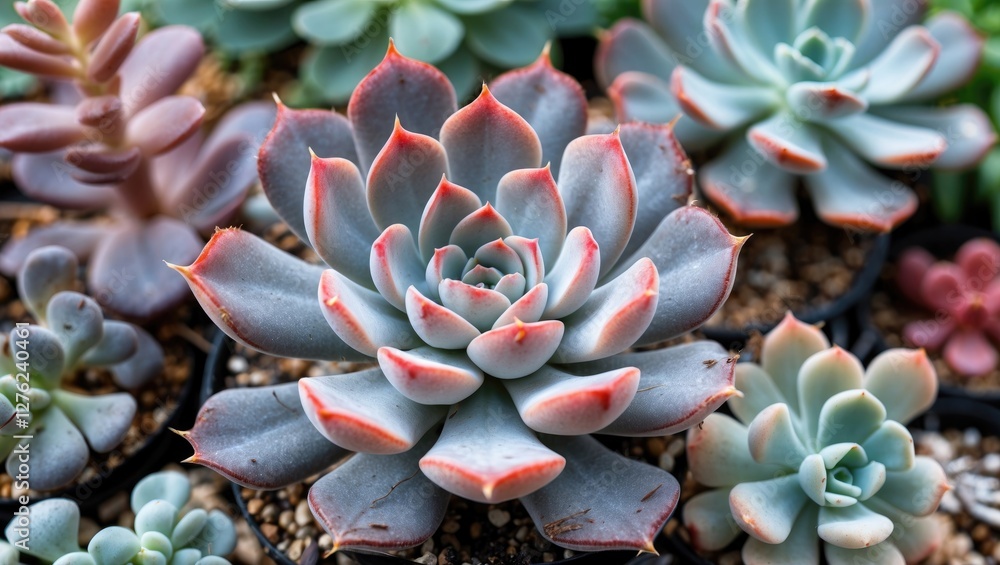 Close Up View of Colorful Echeveria Succulents in a Natural Gardening Setting Close Up View of Colorful Echeveria Succulents in a Natural Gardening Setting