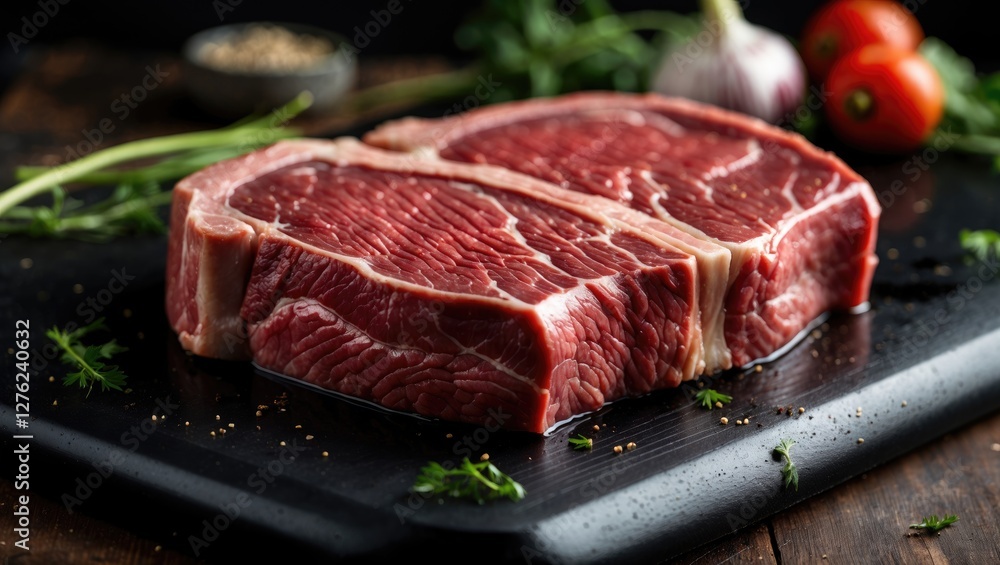 Fototapeta premium Close-Up Fresh T-Bone Steak Surrounded By Herbs And Vegetables On Dark Cutting Board Ready For Cooking