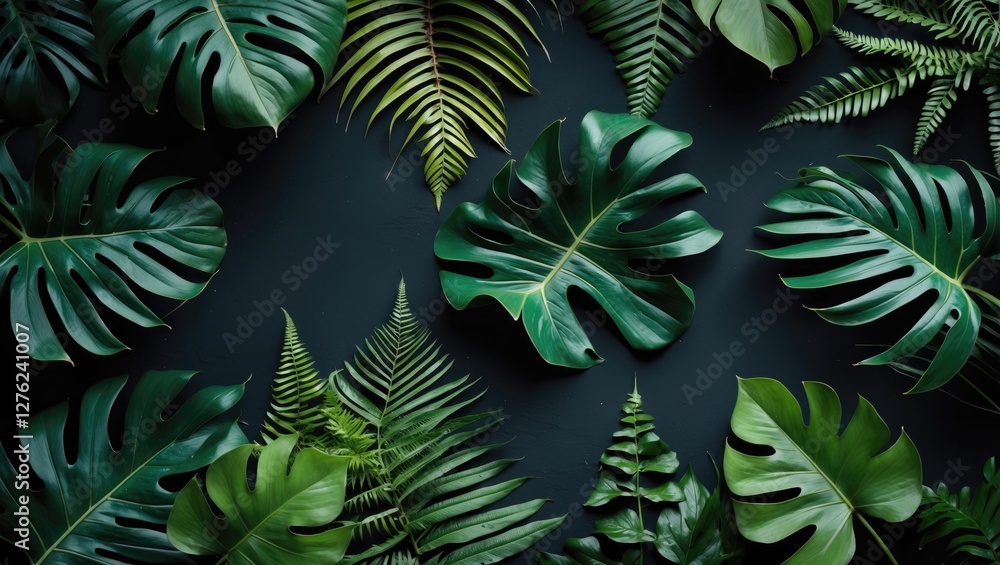 Fototapeta premium Tropical Greenery Background with Monstera, Palm, and Fern Leaves Displayed in a Flat Lay Arrangement Ideal for Nature-Themed Designs.