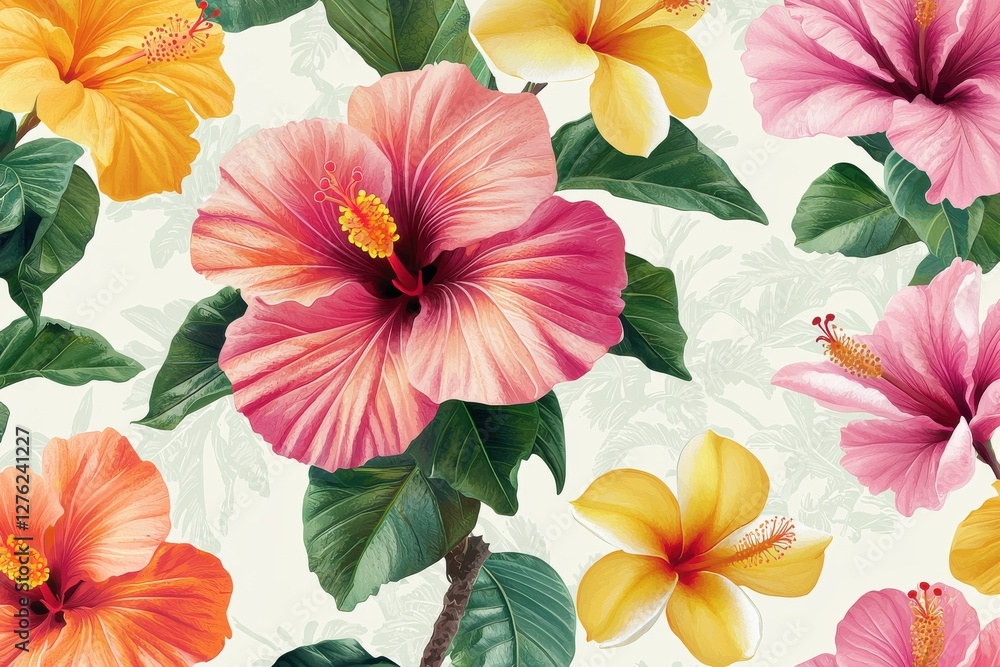 custom made wallpaper toronto digitalA vibrant and lush tropical floral pattern featuring colorful hibiscus flowers and foliage, perfect for summer themes, textiles, and exotic designs with a natural aesthetic.