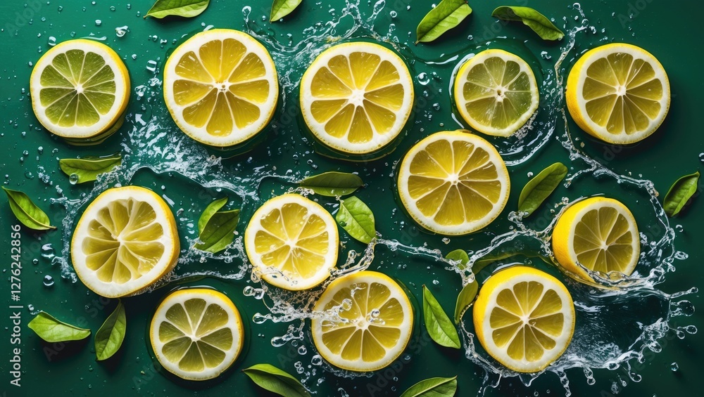 Fresh Sliced Lemons Surrounded By Water Splashes And Green Leaves On A Vibrant Background Ideal For Food And Beverage Promotions Fresh Sliced Lemons Surrounded By Water Splashes And Green Leaves On A Vibrant Background Ideal For Food And Beverage Promotions