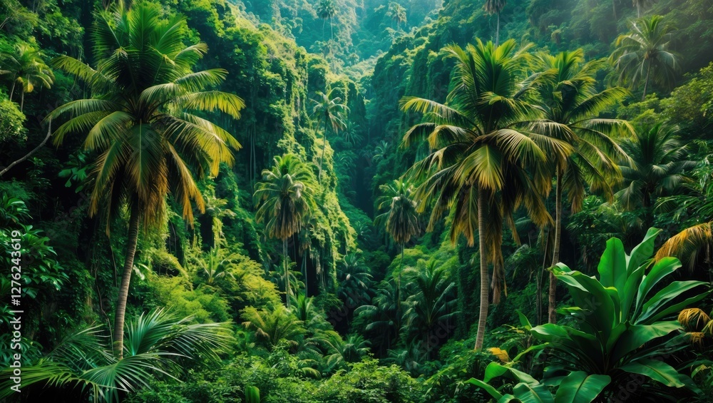 Lush Tropical Jungle Valley Surrounded By Dense Vegetation With Tall Palm Trees Ideal For Nature Inspired Projects And Text Overlay Lush Tropical Jungle Valley Surrounded By Dense Vegetation With Tall Palm Trees Ideal For Nature Inspired Projects And Text Overlay