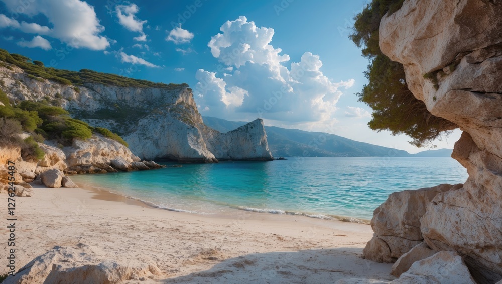Fototapeta premium Scenic Peloponnese Beach with Crystal Clear Waters and Dramatic Cliffs Under a Bright Blue Sky