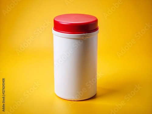 Macro Shot: White Container with Red Push Cap on Yellow Background - Perfect for Product Mockups