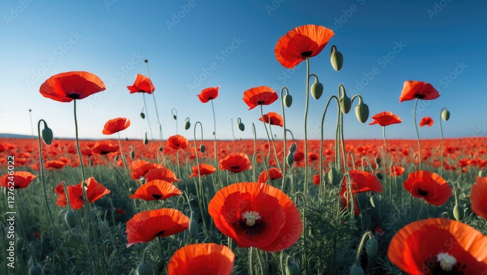 Obraz premium Vibrant Poppy Flower Fields Against Clear Blue Sky with Space for Text Overlay