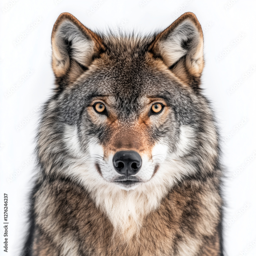 Front facing Wolf, isolated on white, white background, animal portrait Front facing Wolf, isolated on white, white background, animal portrait
