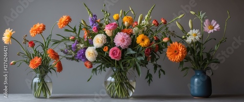 Vibrant floral arrangements in elegant vases showcasing a variety of colors and textures for home decor or gifting purposes.