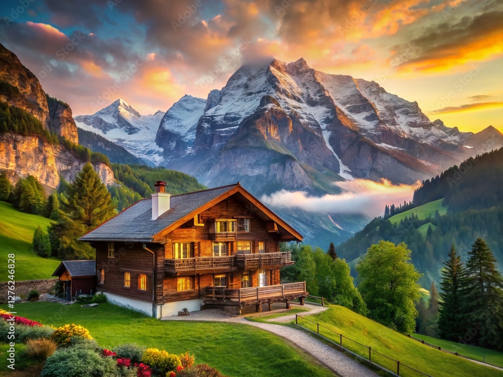 Fototapeta premium Majestic Alpine Valley Chalet - Breathtaking Mountain Scenery