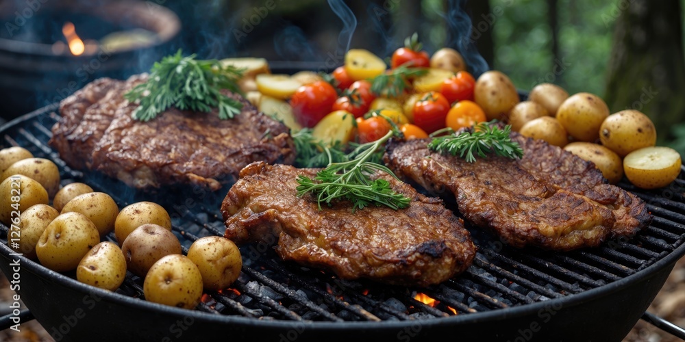 Grilled Meat and Fresh Vegetables on a Barbecue in a Forest with Copy Space for Text Grilled Meat and Fresh Vegetables on a Barbecue in a Forest with Copy Space for Text