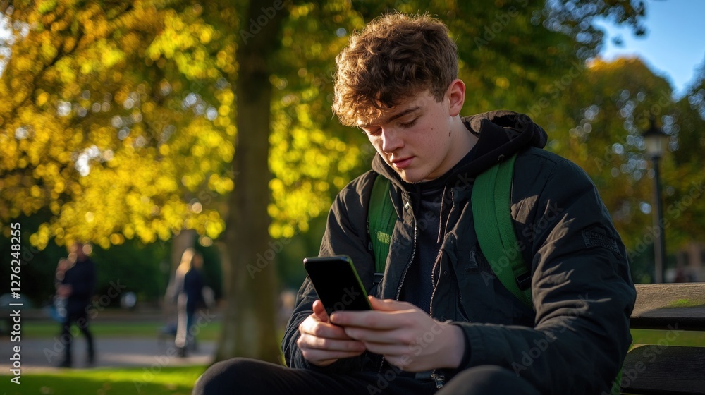 Fototapeta premium Teenager texting park bench autumn sunlight background