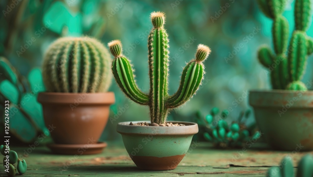 Green Cactus in Decorative Pot Surrounded by Other Succulents Natural Setting with Copy Space for Text or Design Elements Green Cactus in Decorative Pot Surrounded by Other Succulents Natural Setting with Copy Space for Text or Design Elements