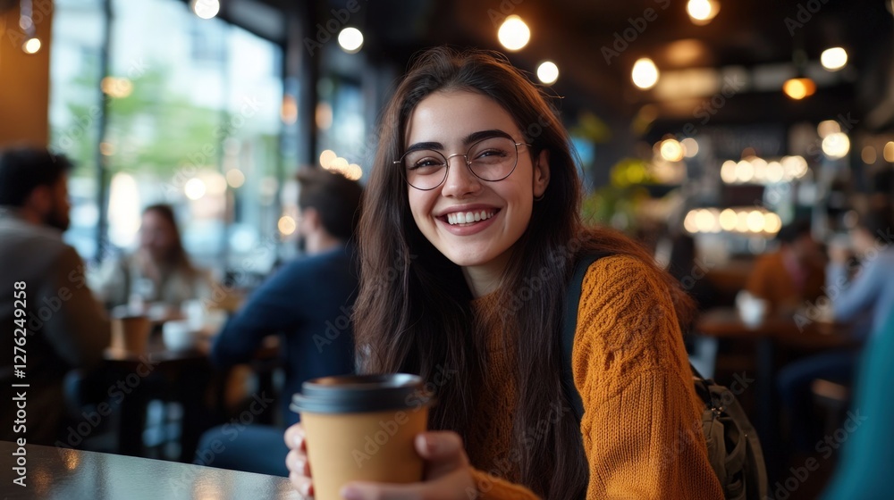 Smiling woman coffee shop cafe happy background blur Smiling woman coffee shop cafe happy background blur