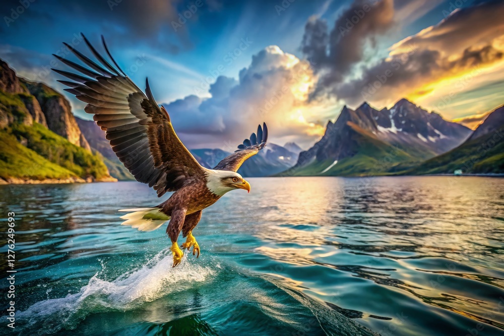 Obraz premium Majestic Eagle Seizing Fish, Lofoten Islands, Norway - Vintage Photography