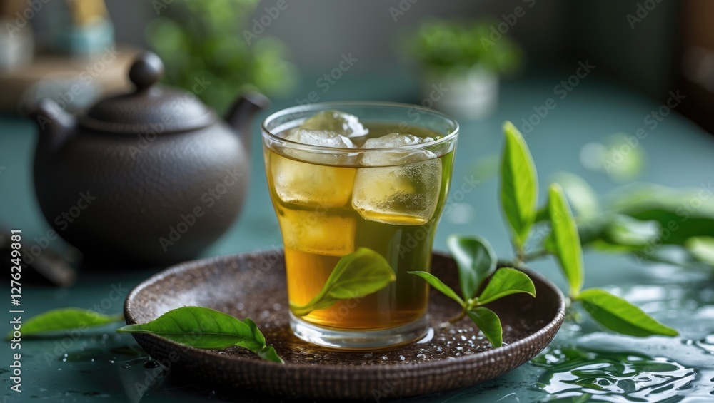 Refreshing Glass of Iced Green Tea with Ice Cubes and Tea Leaves on a Rustic Tray in Natural Light Setting Refreshing Glass of Iced Green Tea with Ice Cubes and Tea Leaves on a Rustic Tray in Natural Light Setting