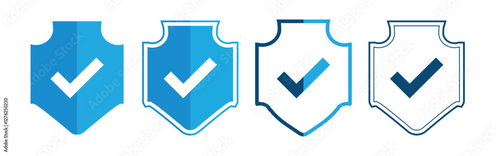 Shield with check mark icon set. security shields logotypes with check mark and padlock. Safety shield symbols. Shield with check mark icon set. security shields logotypes with check mark and padlock. Safety shield symbols.