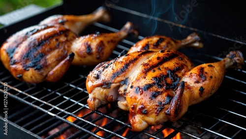 Smoked Grilled Chicken Breasts Cooking on BBQ Grill with Flames and Smoke Surrounding Juicy Meat photo