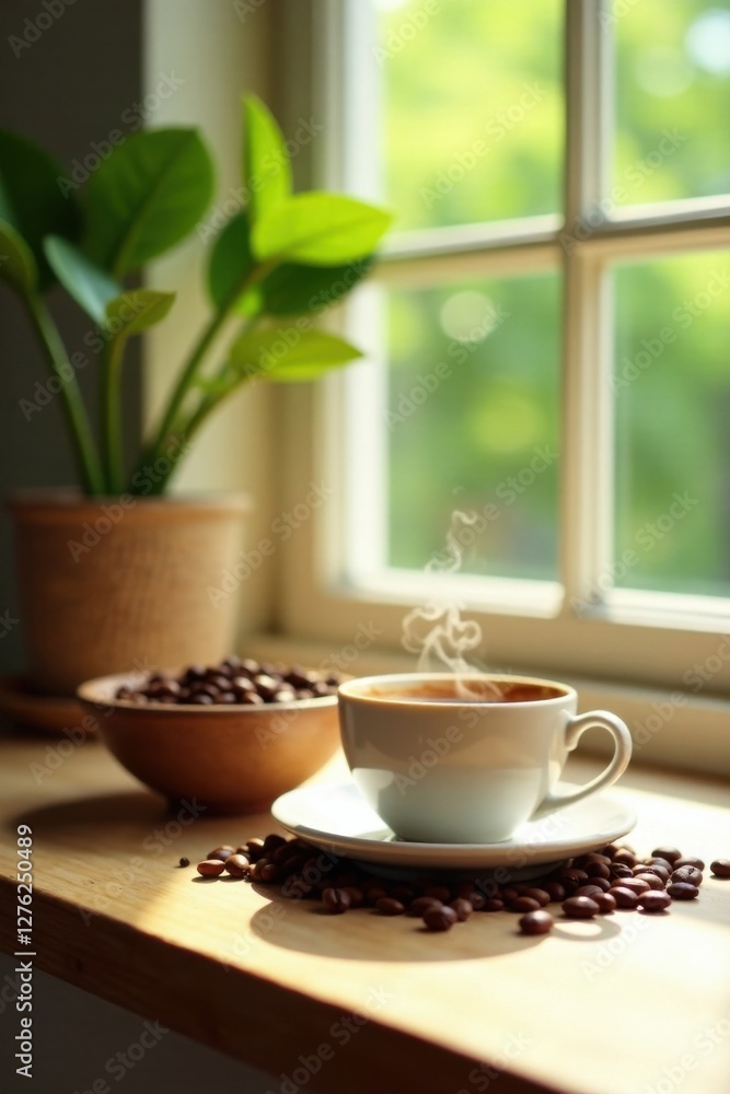 Obraz premium Aromatic coffee steam rises from a warm mug, nestled amidst scattered coffee beans on a sunlit wooden surface, near a potted plant by a window