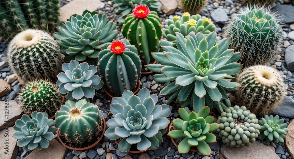 Fototapeta premium Diverse collection of vibrant cacti and succulent plants arranged artistically on a pebble-strewn surface in a serene garden setting.