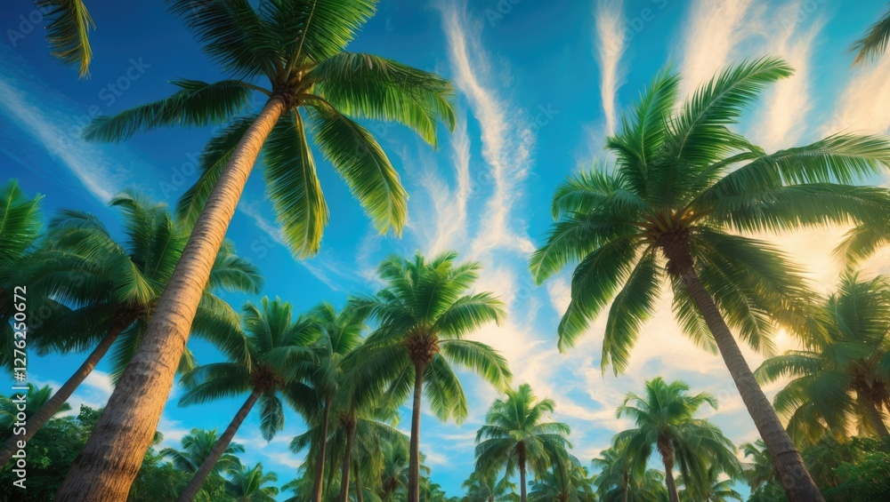 Lush Palm Trees Against a Bright Blue Sky with Wispy Clouds in a Tranquil Tropical Setting Lush Palm Trees Against a Bright Blue Sky with Wispy Clouds in a Tranquil Tropical Setting