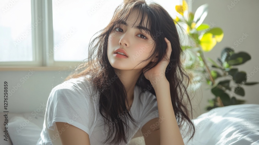 beautiful woman in white shirt posing in bedroom beautiful woman in white shirt posing in bedroom