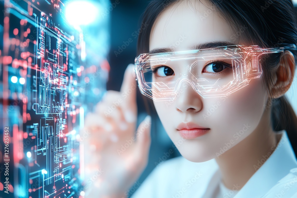 A young woman in futuristic glasses interacts with holographic technology, symbolizing innovation and modern science. A young woman in futuristic glasses interacts with holographic technology, symbolizing innovation and modern science.
