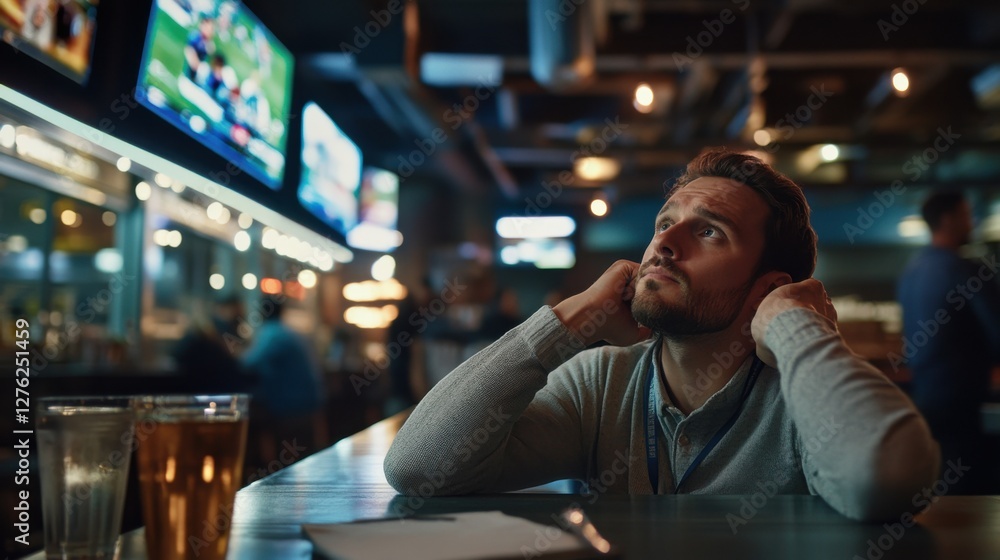 Social media rumors affecting a man at a sports bar. Featuring frustration and distraction Social media rumors affecting a man at a sports bar. Featuring frustration and distraction