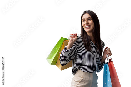 Cuadro en lienzo Cheerful Latina woman lifting her shopping bags in excitement