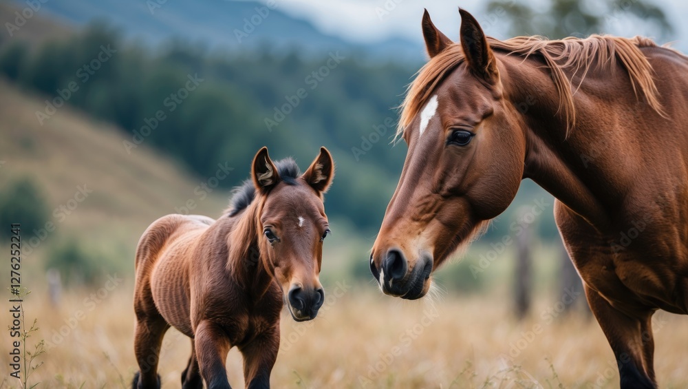 Obraz premium Pottoka Mare with Foal in Natural Pasture Setting Capturing Maternal Bond in Countryside Landscape.