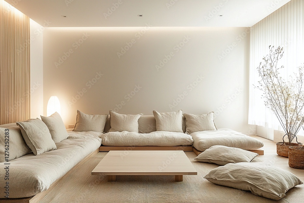 Fototapeta premium Minimalist interior design of living room with sofa view. Generative AI 