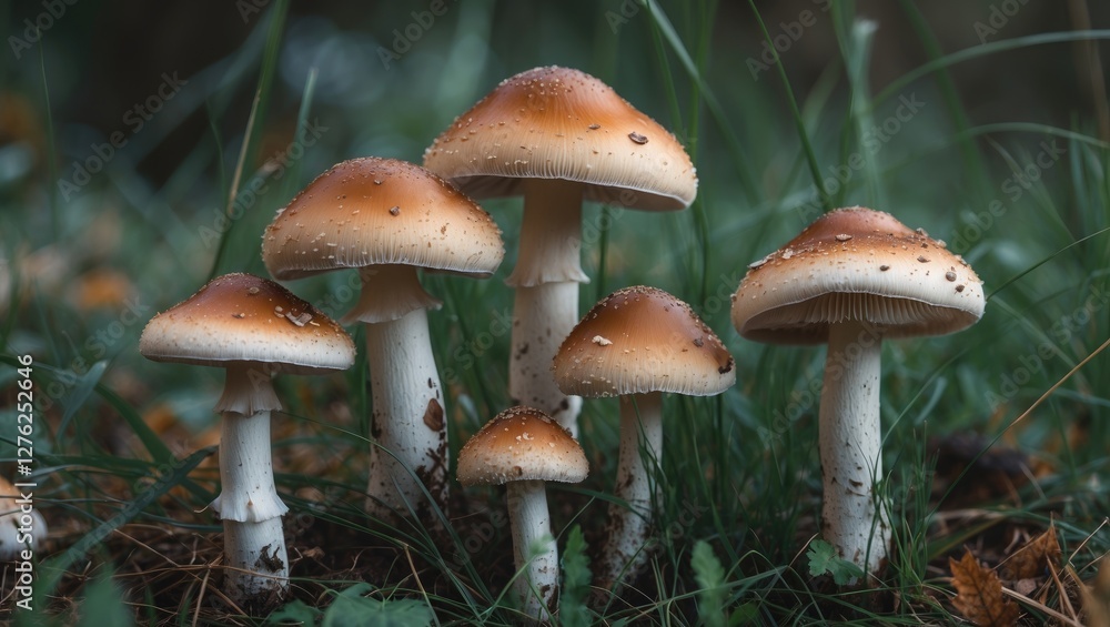 Mushrooms Growing In Lush Green Grass With Soft Focus Background For Text Overlay Mushrooms Growing In Lush Green Grass With Soft Focus Background For Text Overlay