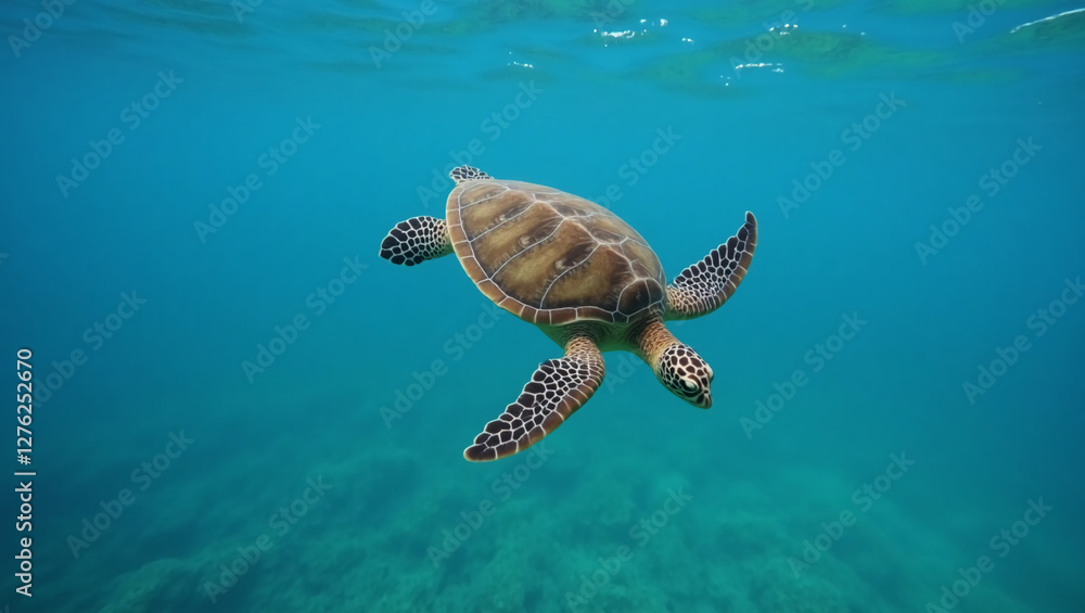 Fototapeta premium Serene Underwater View of a Sea Turtle Swimming