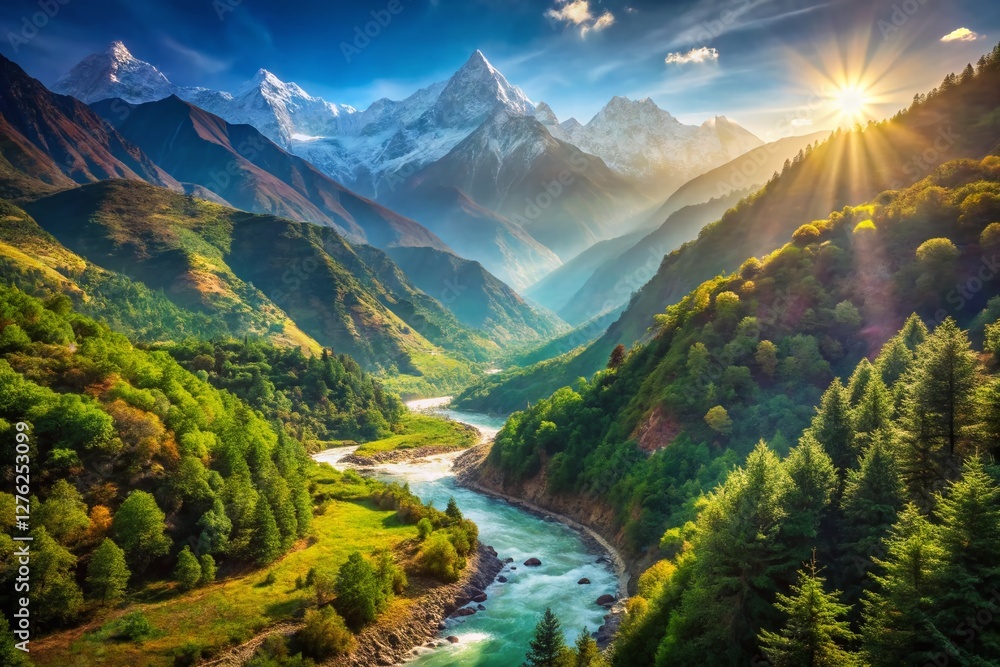 Fototapeta premium Majestic Nepal Himalayas: Sunny Mountain Landscape with River & Forest Bokeh