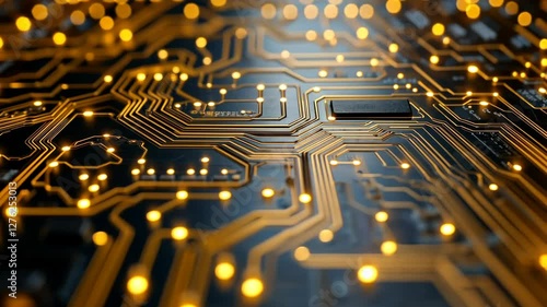 Close-up view of a circuit board showcasing intricate patterns and glowing components at night