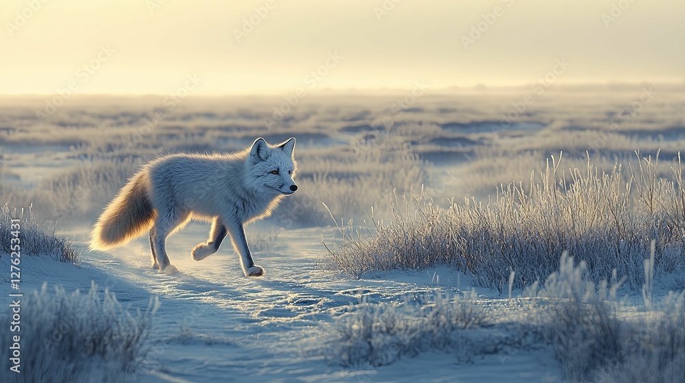 Obraz premium Arctic Fox Trotting Across Snowy Tundra At Dawn