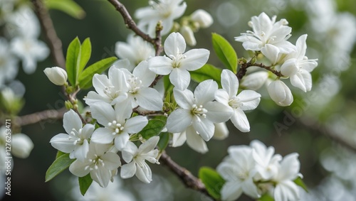 White Jasmine Flowers in Bloom on Branches Captured in Springtime Nature Close-Up with Lush Green Leaves and Soft Outdoor Light