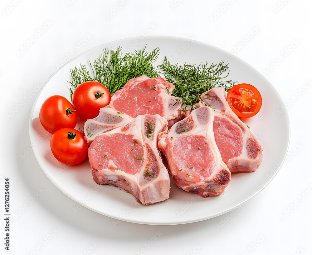 Fototapeta premium Raw Veal Shanks with Tomatoes and Dill on a White Plate