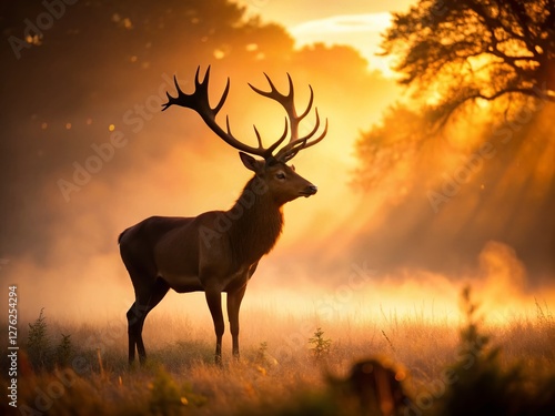 Majestic Red Deer Stag Silhouette in Misty Meadow - Macro Photography