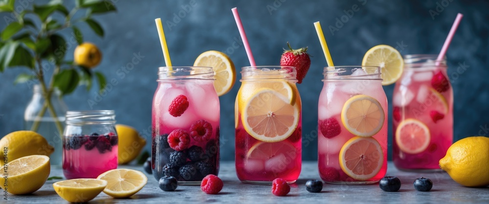 Refreshing Berry Lemonade Display with Citrus Garnish and Copy Space for Text Elements Refreshing Berry Lemonade Display with Citrus Garnish and Copy Space for Text Elements